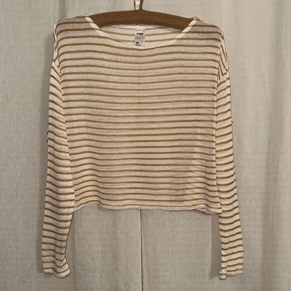 anko 10 Ivory Tan Lightweight Knit Striped Long Sleeve Cropped Sweater - Picture 1 of 10